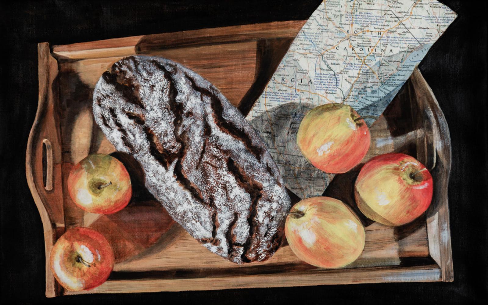 Laura Nitsche, Stillleben Brot, Äpfel, Karte