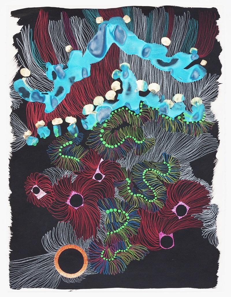 Michela Ghisetti, Salt Bags (..blu), 76x56cm, Acryl und Farbstifte, Collage auf Aquarellpapier, 2017