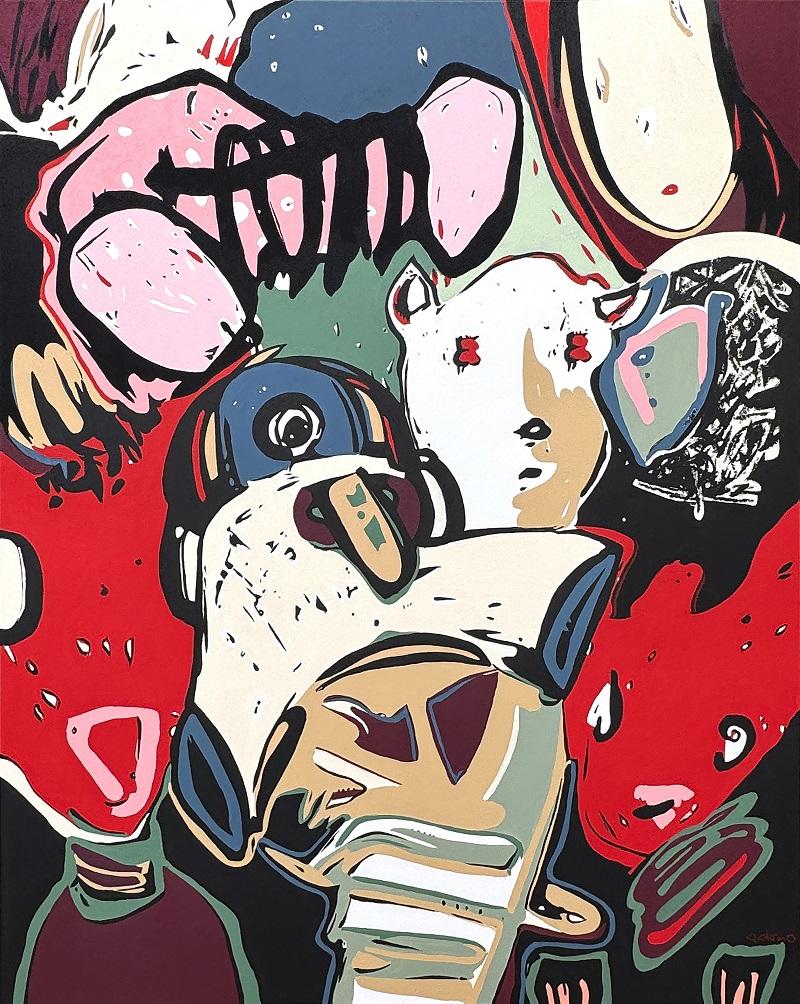 Bettina Patermo, clash of creatures, 2025, Acryl auf Leinwand, 150 x 120 cm