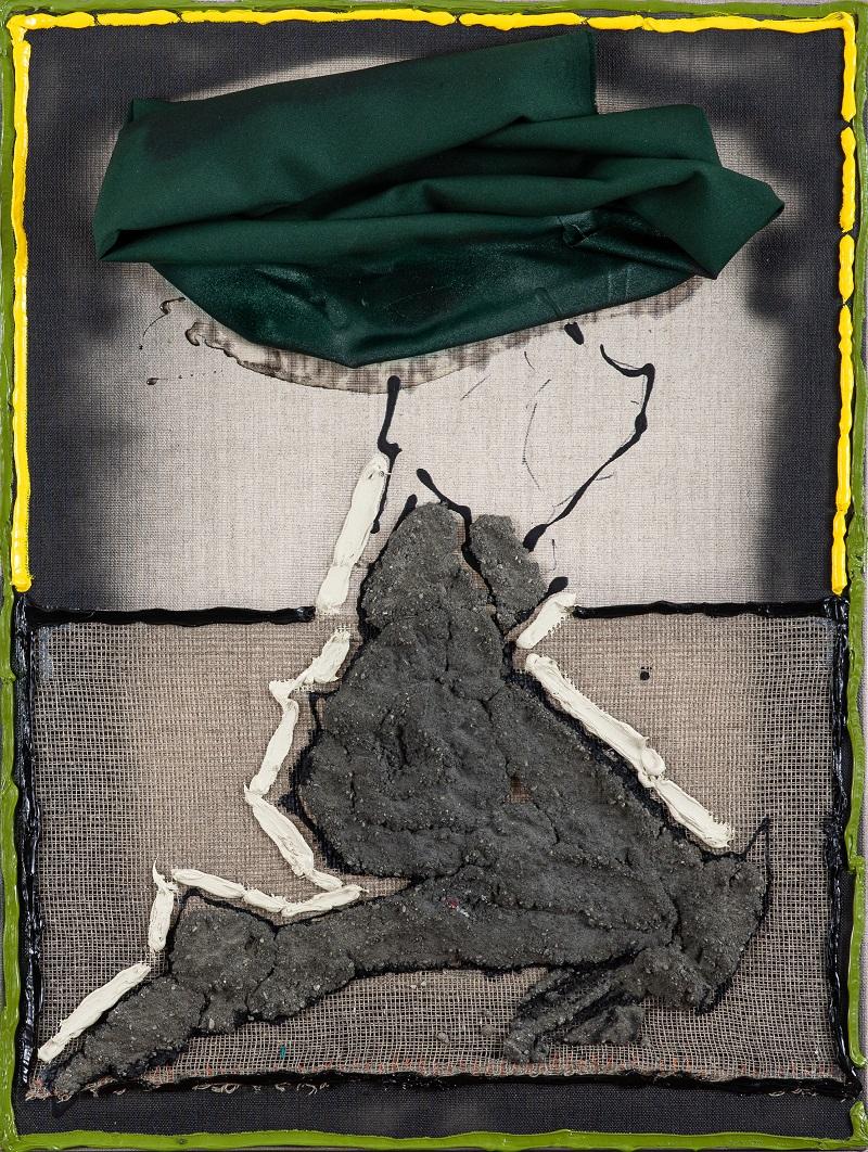 Albana Ejupi, Earthen Forms Small no. 4, 2024, Acryl, Öl, Pastel, Sand, Textil auf Leinwand, 80 x 60 cm cm © Rene Huemer