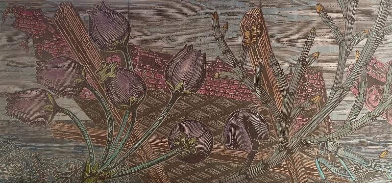 Hans Weigand, Blumen der Bösen 5, 2021, Aquarell, Tusche, Mixed Media auf Aquarelldruckstock, 120x255 cm © H. Weigand, Bildrecht 2023, Wien