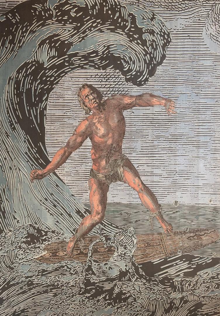 Hans Weigand, Falling Surfer 6, 2022, Aquarell, Tusche, Mixed Media auf geschnitztem Holzdruckstock, 170 x 120 cm © H. Weigand, Bildrecht 2023, Wien