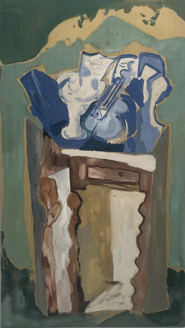 Sofie Fatouretchi, Stilllife with Violin at the Hotel Louisiane, 2022, oil on silk, 120x70 cm