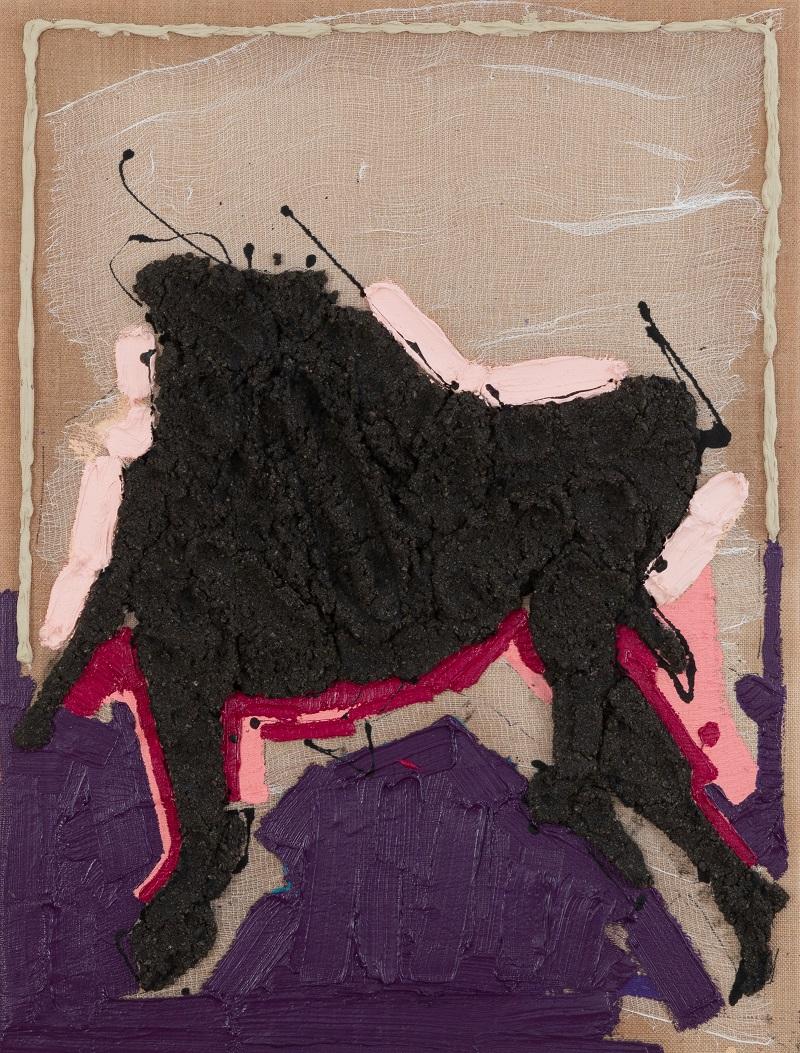Albana Ejupi, Untitled, 2023, Acryl, Stoff, Sand auf Leinwand, 80 x 60 cm