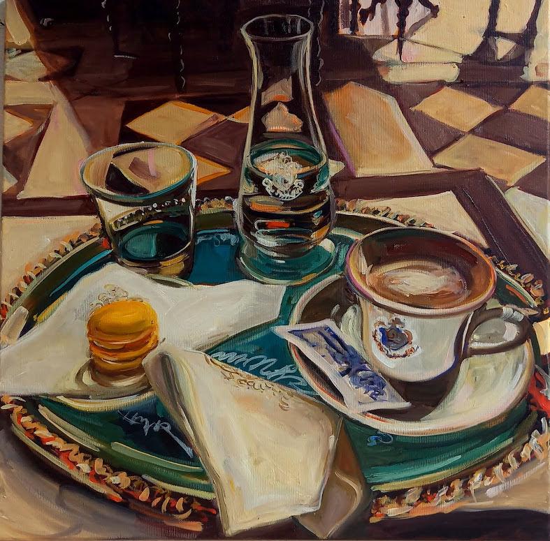 Caroline Weihrauch, Caffé Florian, Venedig, 2021, Öl auf Holz, 60 x 60 cm  © Volker Schneider, Atelier Schneider Berlin