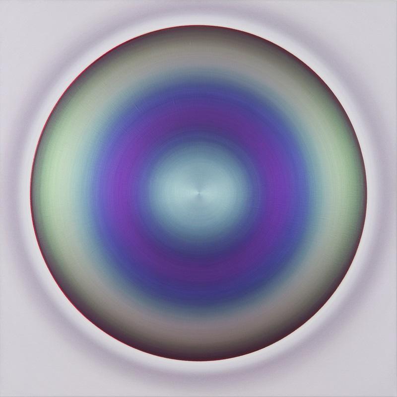 Robert Schaberl, ZF warm green and purple red dance with aubergine and light blue, 2024, Acryl auf Baumwolle, 130 x 130 cm