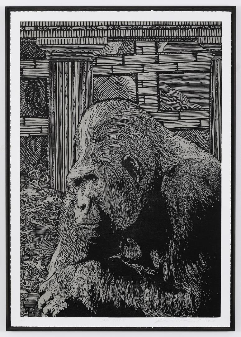 Hans Weigand, Drop Citiy 3, woodcut on paper, Ed 1/5, 135 x 95 cm © Rainer Iglar