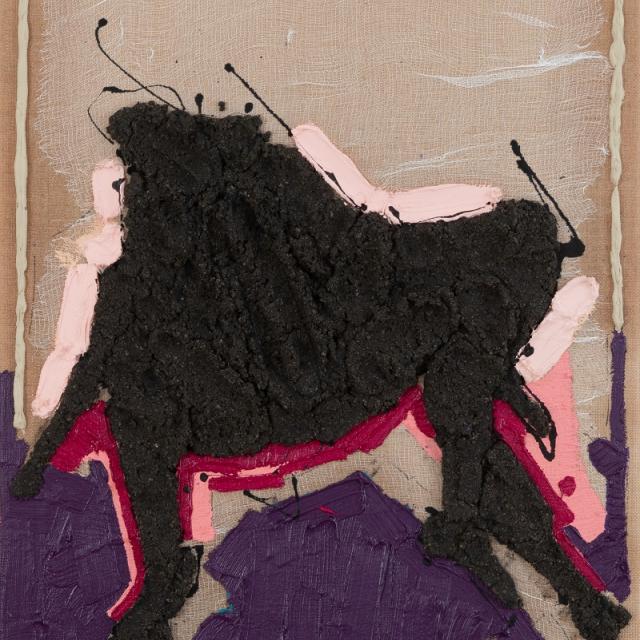 Albana Ejupi, Untitled, 2023, Acryl, Stoff, Sand auf Leinwand, 80 x 60 cm